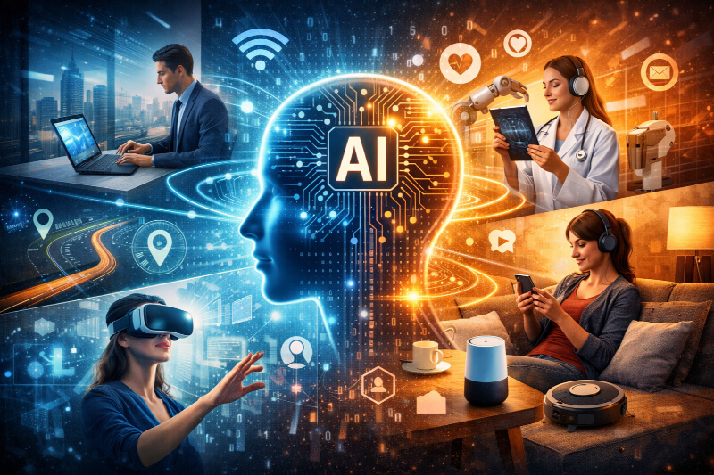 Yapay zekânın günlük hayatta kullanım alanlarını gösteren görsel